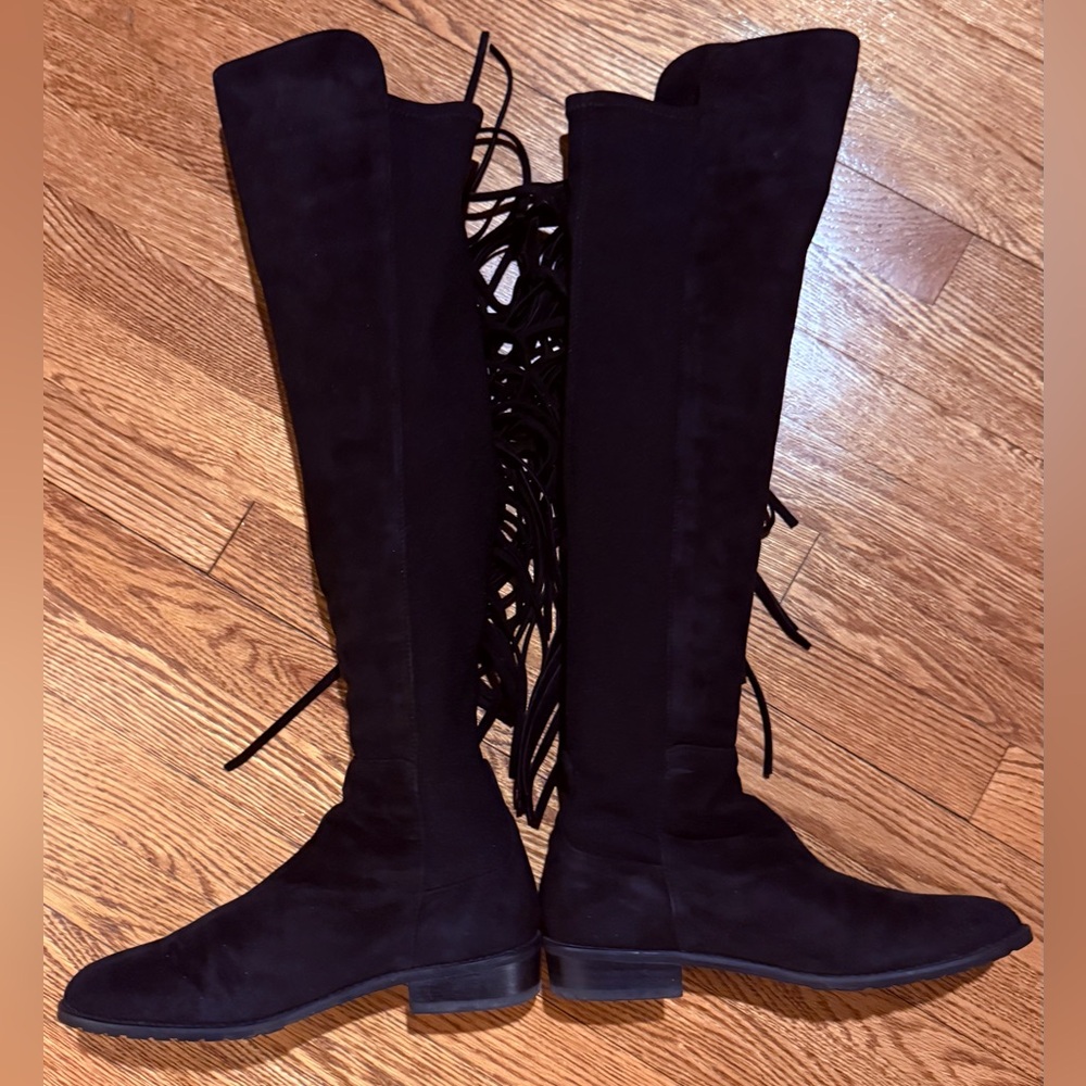 Stuart Weitzman Boot Black Suede & Stretch Fringe Over The Knee Pull On Size 5.5